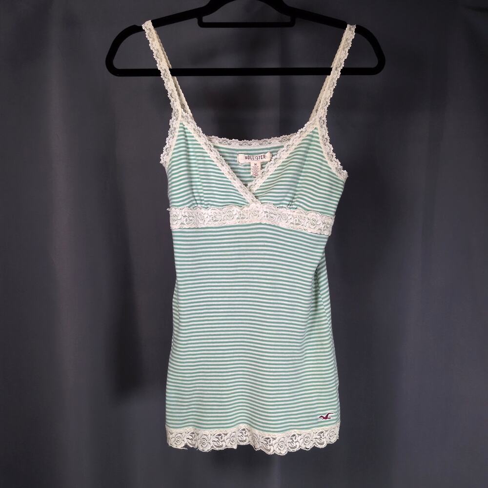 Y2K Vintage Hollister Green Cream Striped Lace Lined Long Cami Tank Top Medium